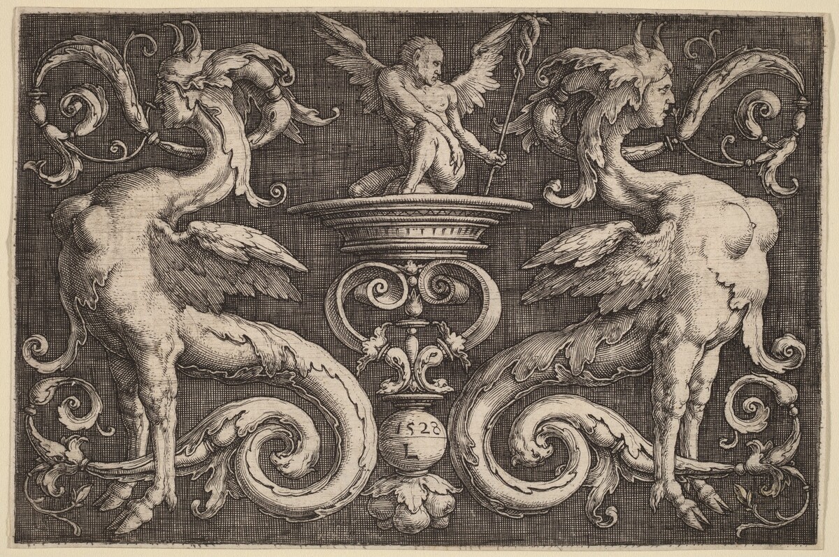 Ornament with Two Sphinxes and a Winged Man by Lucas van Leyden