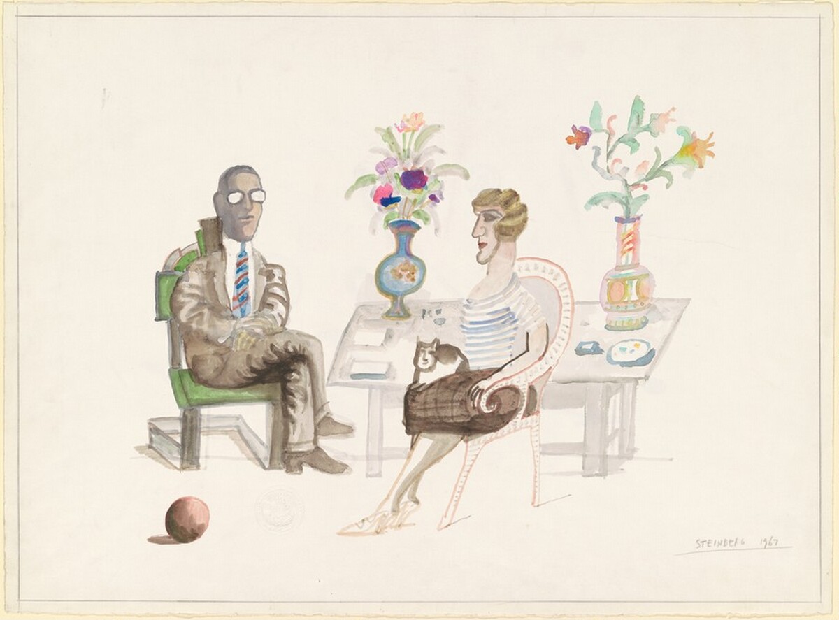 Untitled (Seated Man and Seated Woman with a Cat on Her Lap) [recto] by Saul Steinberg