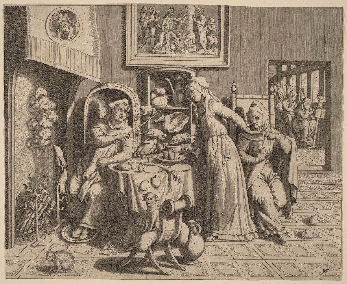 The Amorous Nun between the Abbot and the Monk by Hans Collaert the Elder