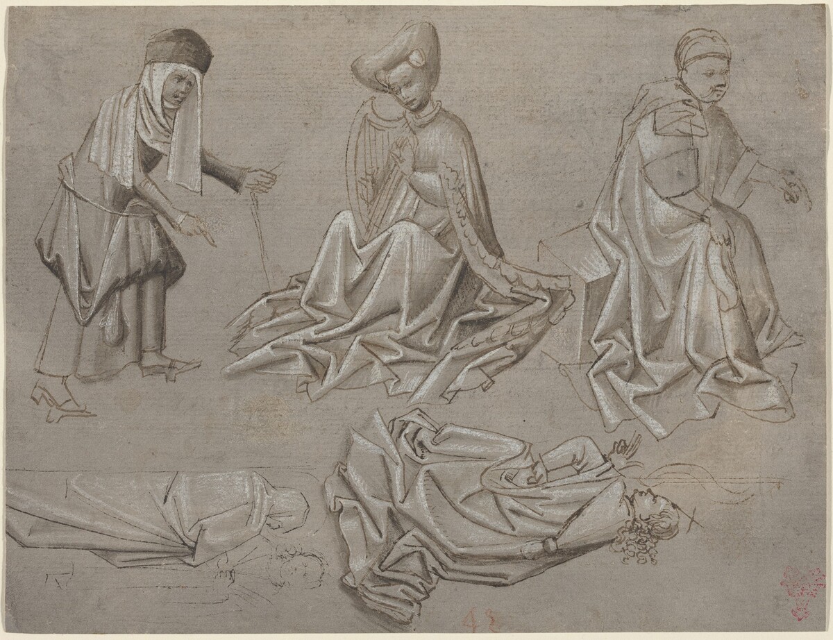 Studies for Six Figures (sheet from a model book) [recto] by German 15th Century