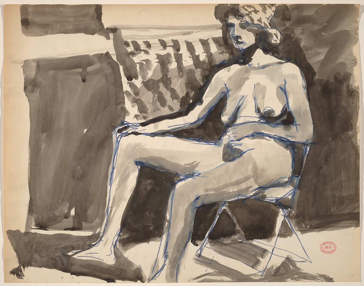 Untitled [female nude in a hat seated in a folding chair] by Richard Diebenkorn
