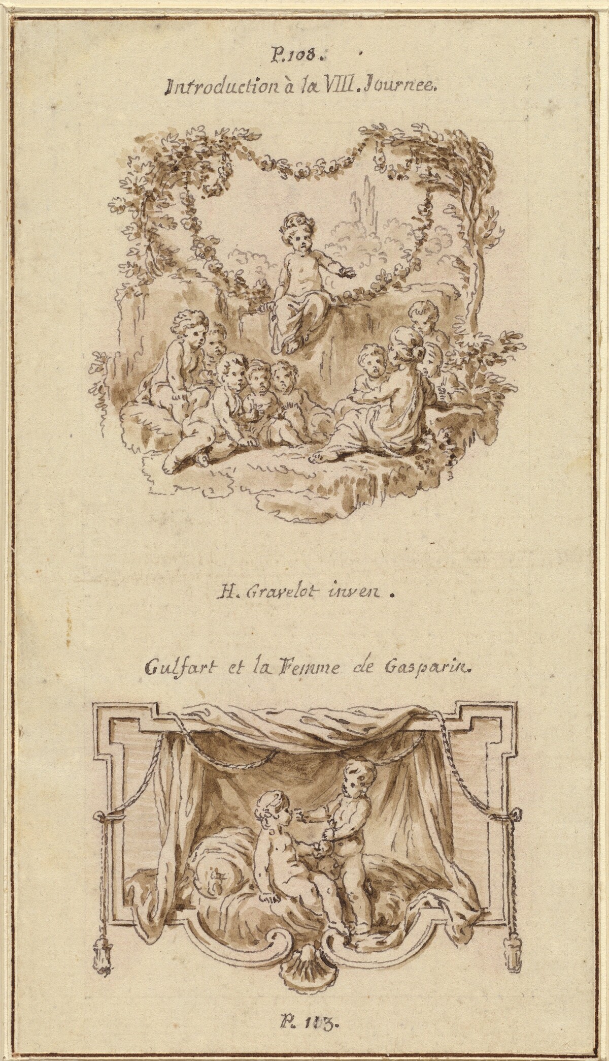 Nine Children Listening to a Girl Tell a Story; A Boy Handing a Purse to a Girl Seated on a Bed by Hubert François Gravelot