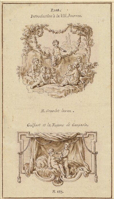 Nine Children Listening to a Girl Tell a Story; A Boy Handing a Purse to a Girl Seated on a Bed