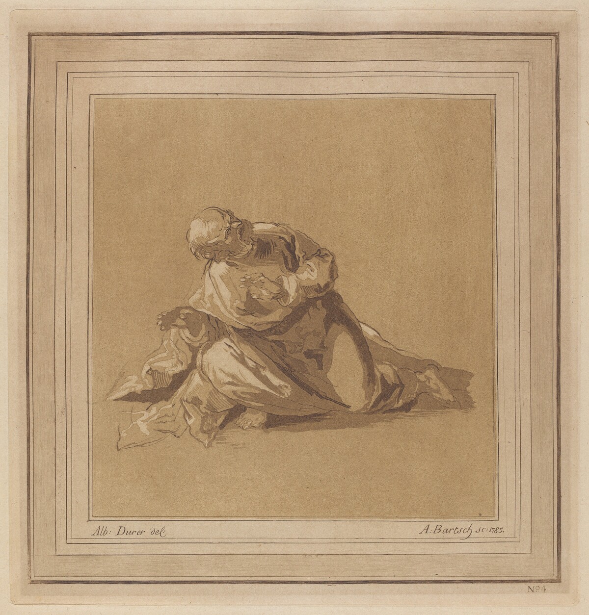 A Crouching Apostle (Saint Peter) by Adam von Bartsch, after a drawing formerly attributed to Albrecht Dürer
