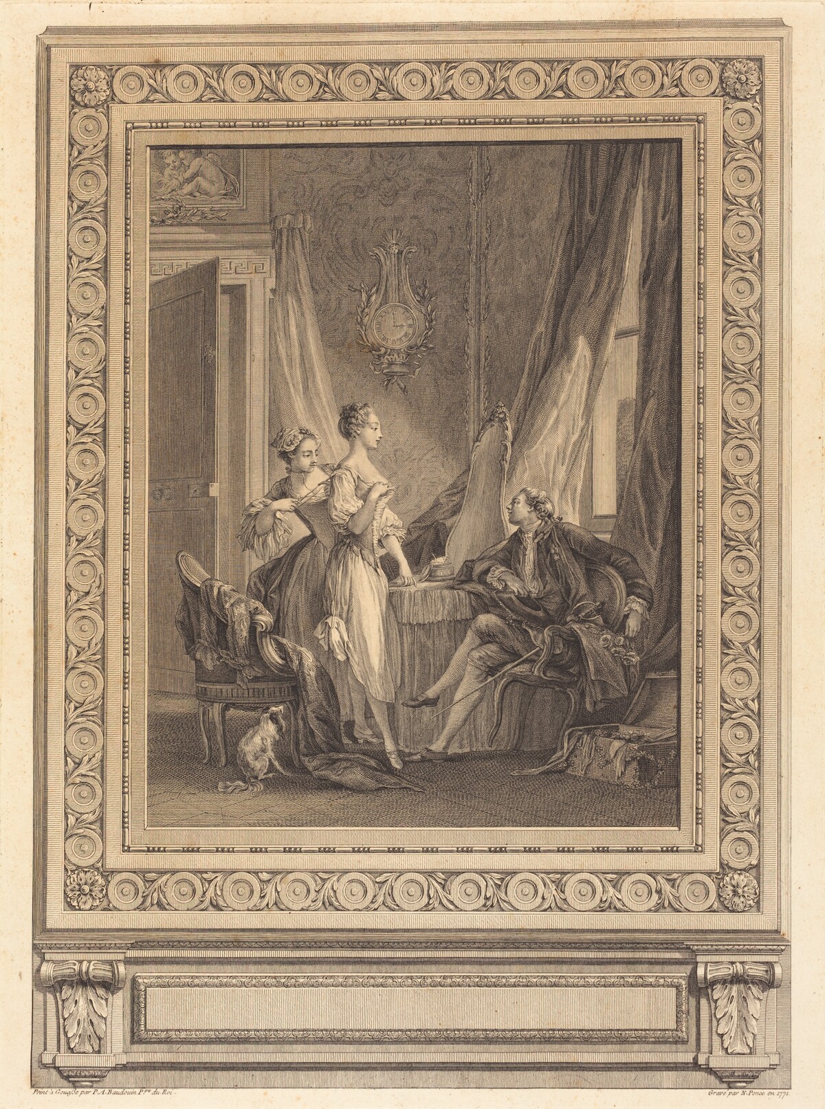 La toilette by Nicolas Ponce after Pierre-Antoine Baudouin with border by Charles-Nicolas Cochin II
