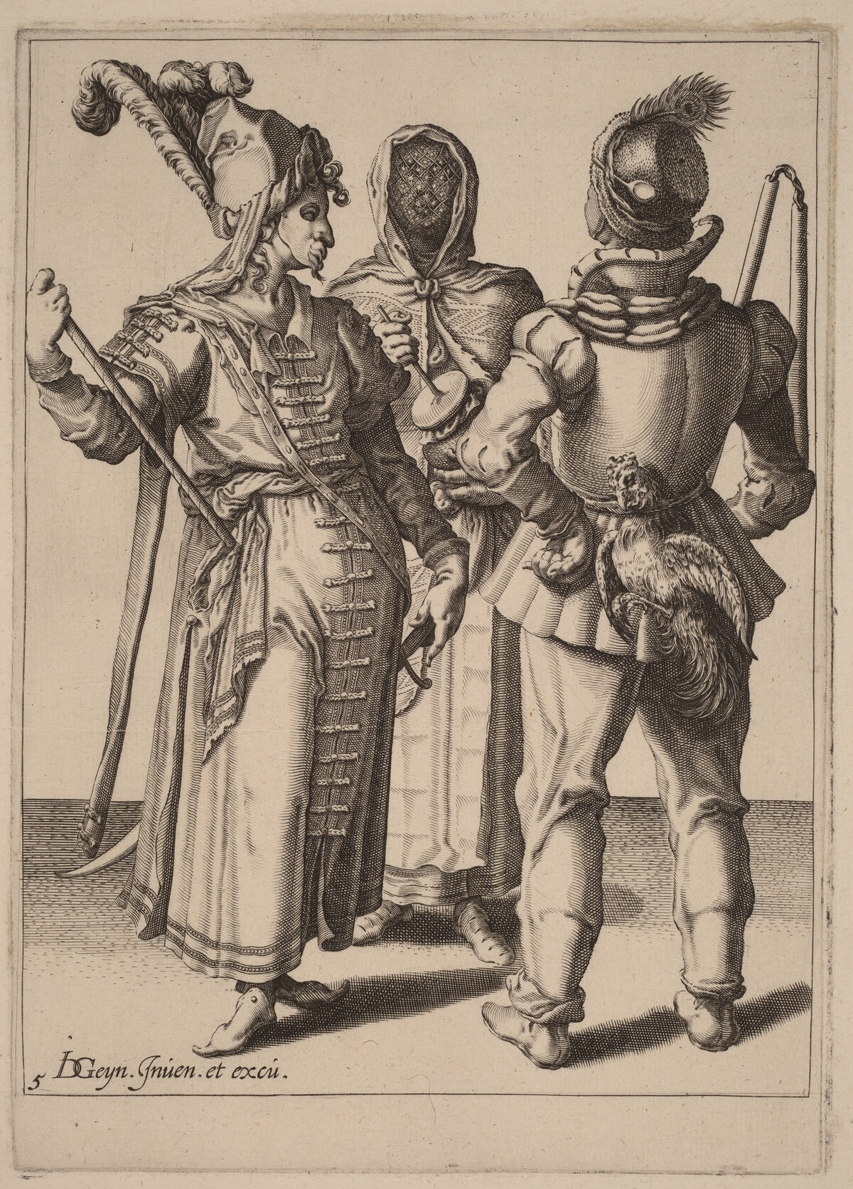 A Grandee, a Peasant, and a Veiled Woman by Attributed to Zacharias Dolendo after Jacques de Gheyn II