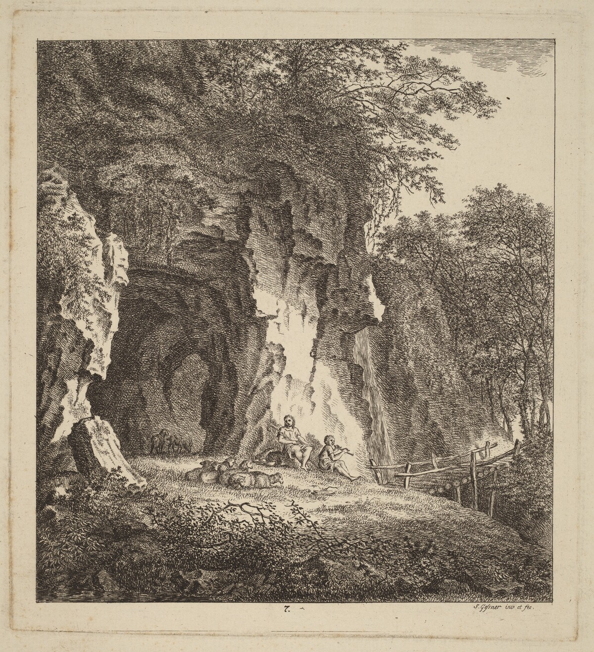 Two Shepherds in a Rocky Landscape by Salomon Gessner