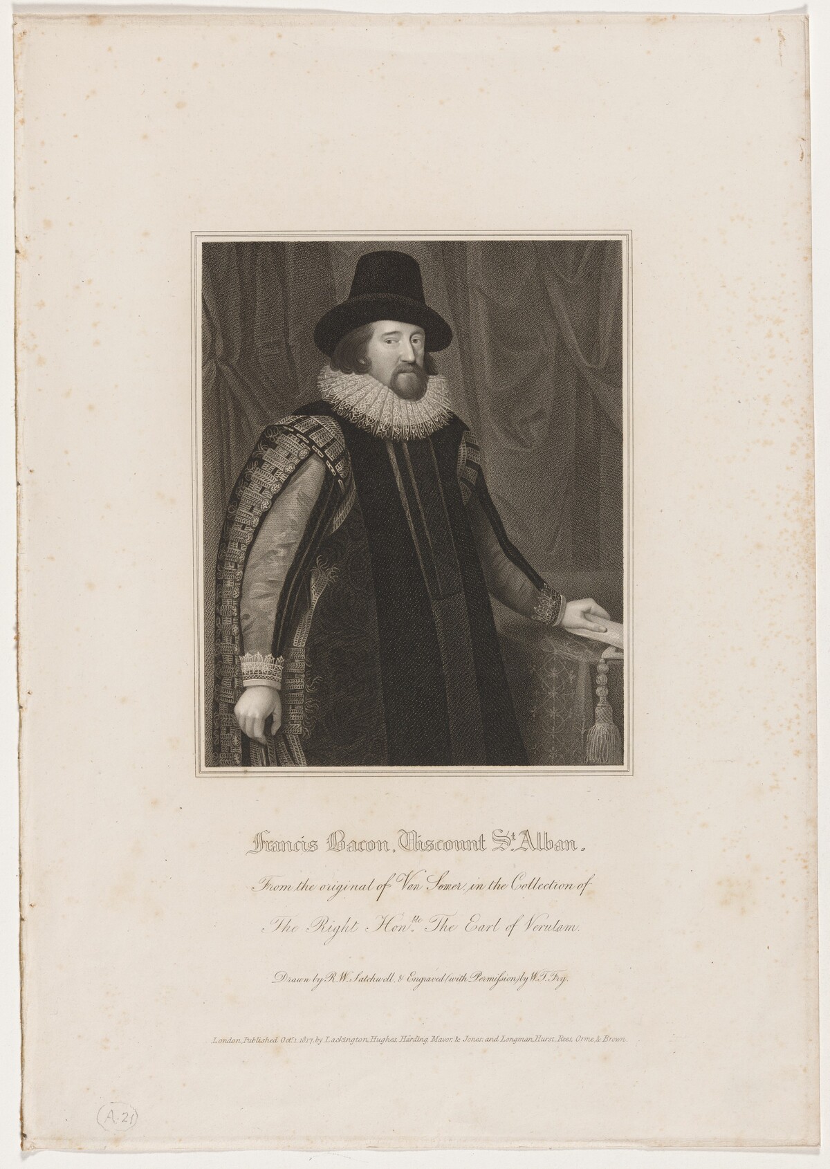 Francis Bacon, Viscount Saint Albans by William Thomas Fry after Paulus van Somer I