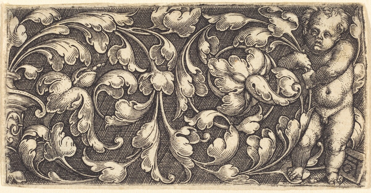 Naked Infant Holding a Double Scroll of  Leafy Ornament by Heinrich Aldegrever