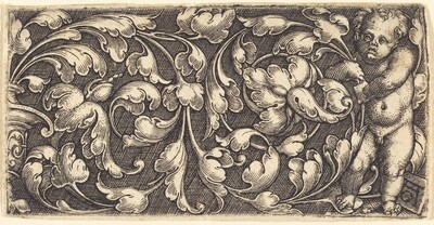 Naked Infant Holding a Double Scroll of  Leafy Ornament