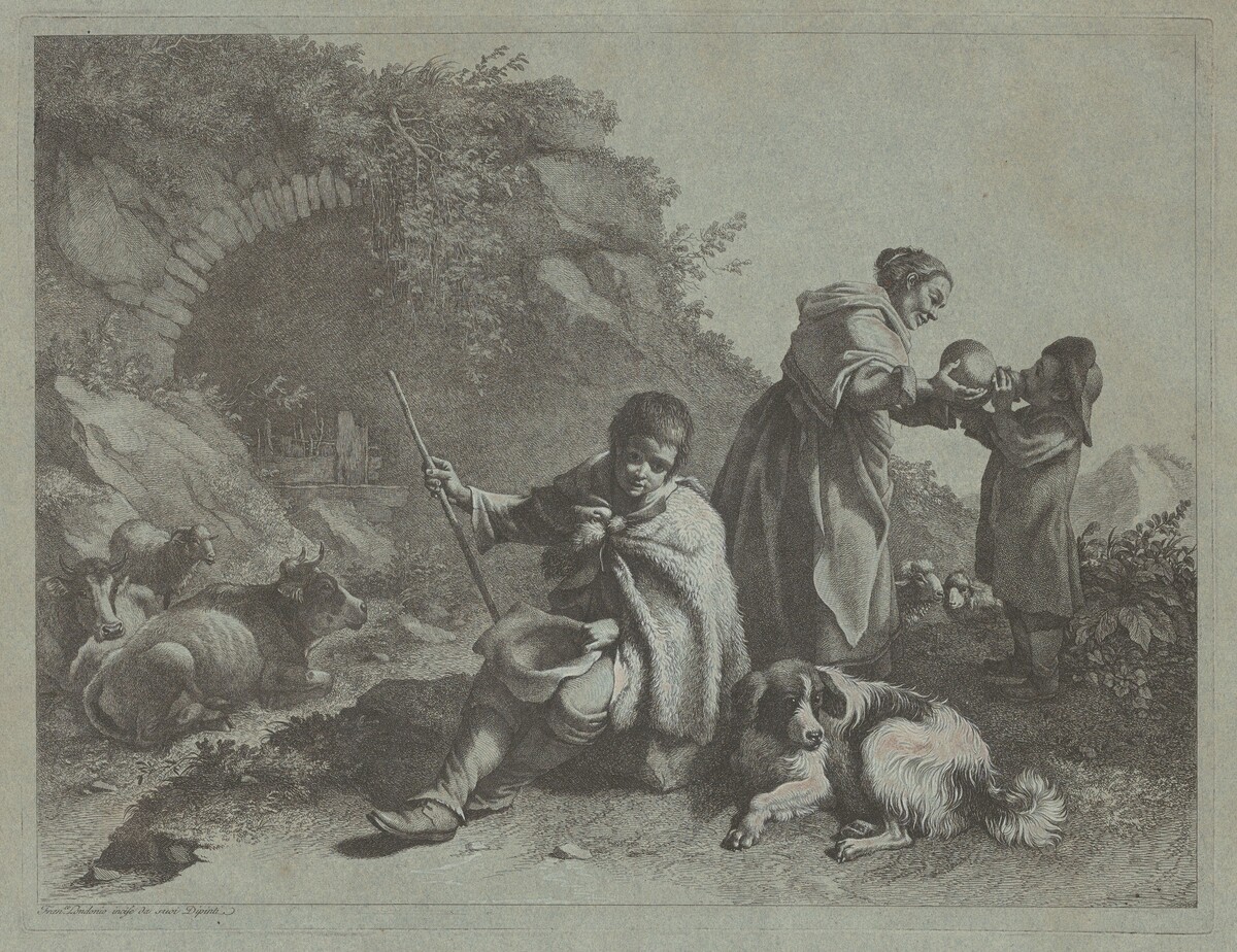 Seated Shepherd Boy and Woman Giving a Drink to a Child by Francesco Londonio
