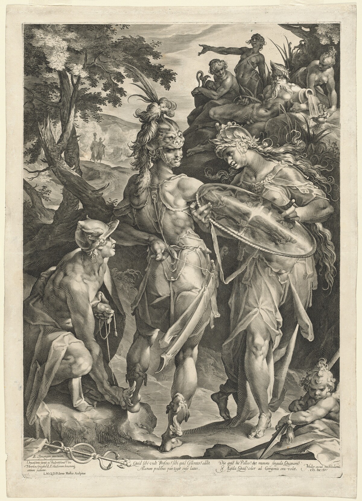 Minerva and Mercury Arming Perseus by Jan Muller, after Bartholomaeus Spranger