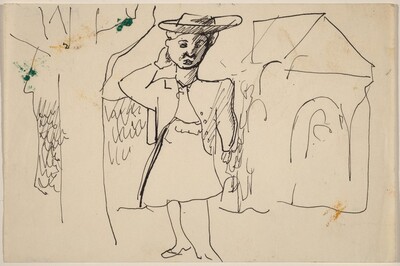 Woman Outdoors, Standing between a Tree and a Building