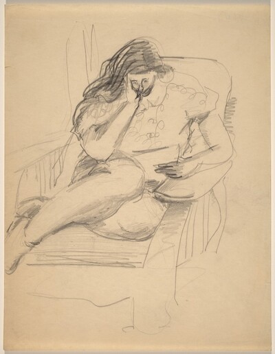 Woman Curled Up in Large Chair, Reading