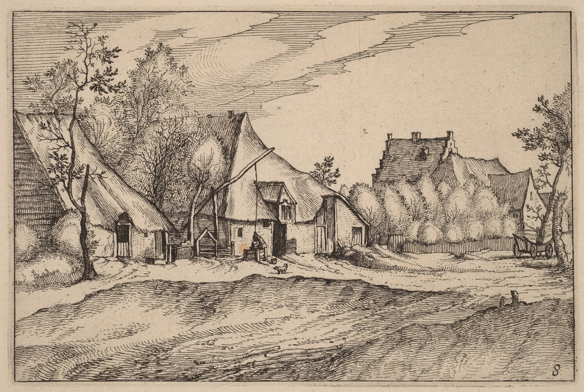 Farms in a Village by Claes Jansz Visscher after Johannes van Doetechum, the Elder after Lucas van Doetechum after Master of the Small Landscapes
