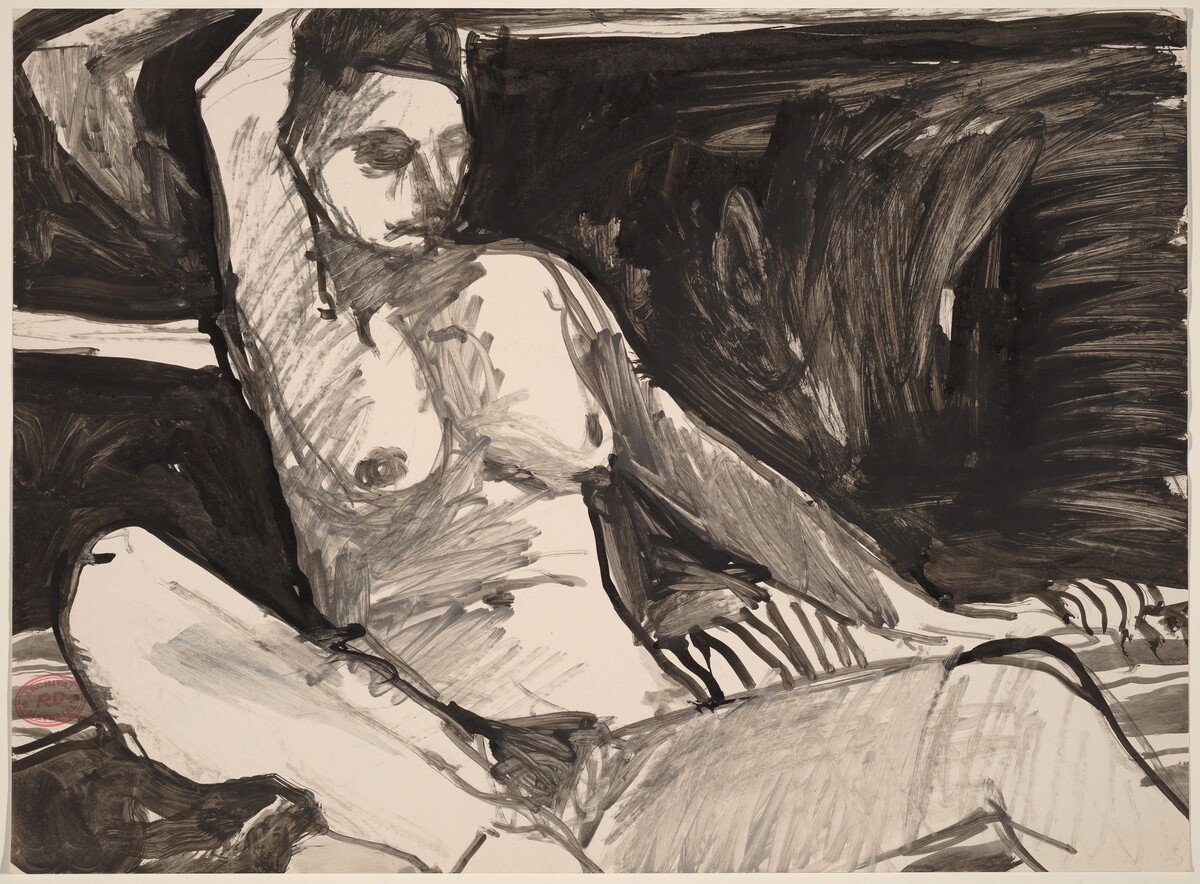 Untitled [female nude seated on striped fabric] by Richard Diebenkorn