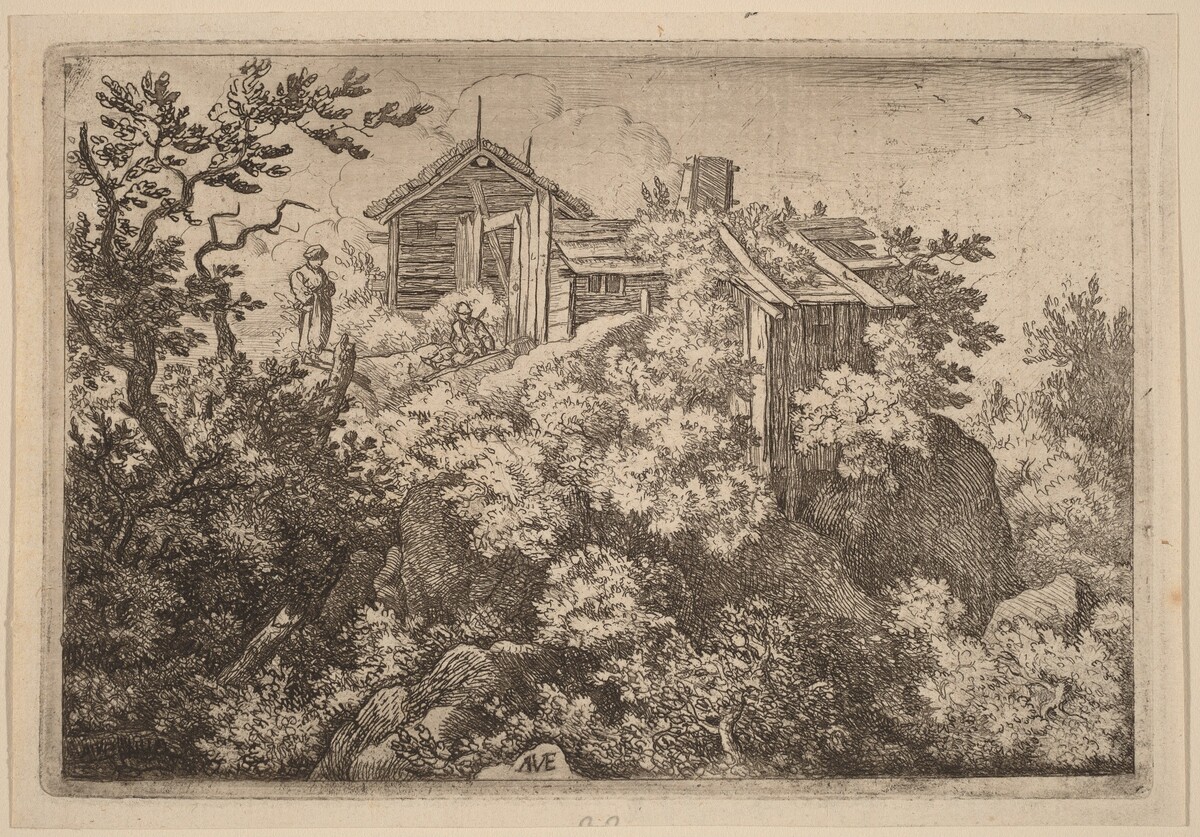 Three Cottages on a Rock by Allart van Everdingen