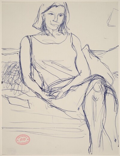 Untitled [woman in a sleeveless dress seated on sofa]