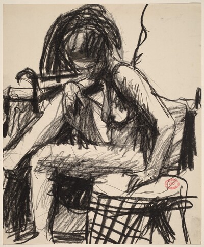 Untitled [seated nude placing her hand on a side table]