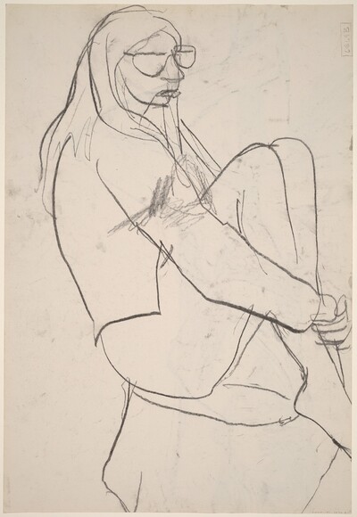 Untitled [seated woman with long hair and glasses] [verso]