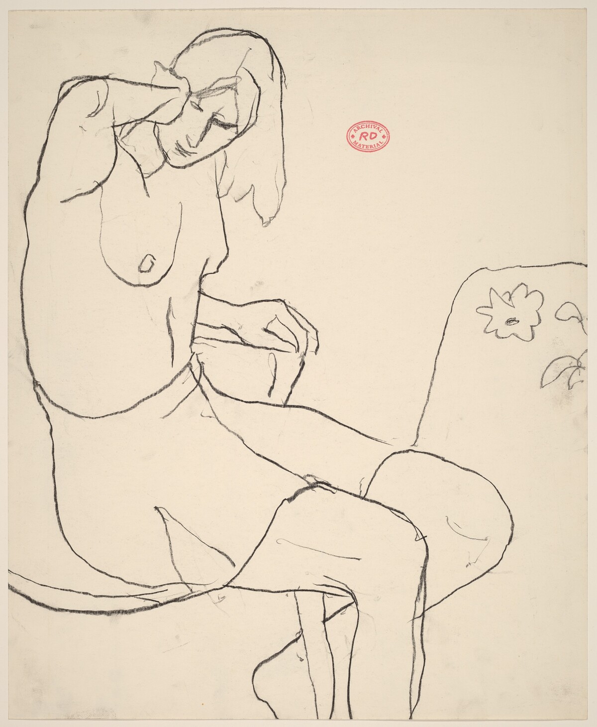 Untitled [seated female model without a top and wearing a skirt] by Richard Diebenkorn