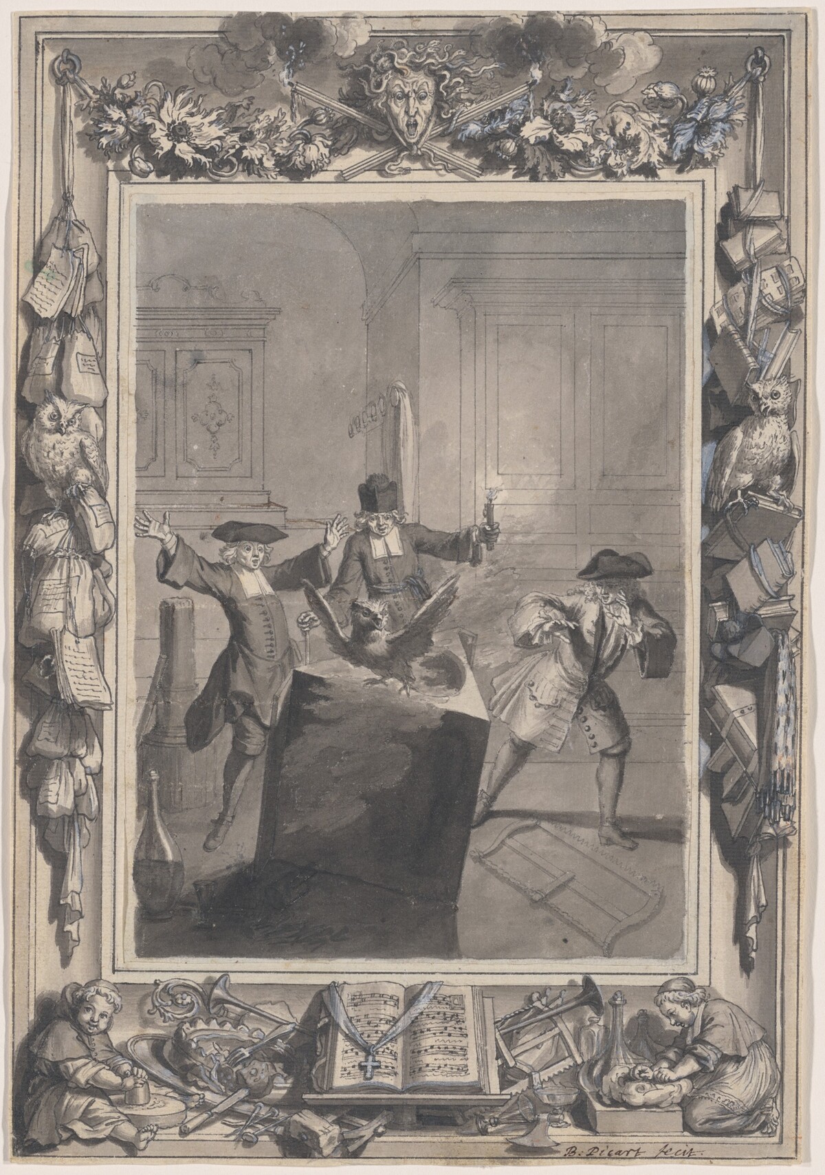 Le Lutrin: A  Night Scene with Boirude, Brontin, and L'Amour Surprised by an Owl Flying Out of a Lectern by Bernard Picart