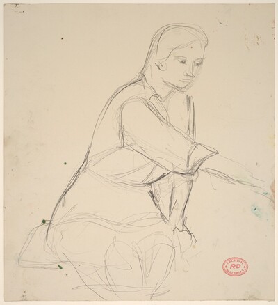 Untitled [seated woman extending right arm]