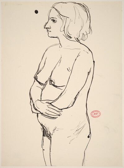 Untitled [standing nude with arms across her belly]