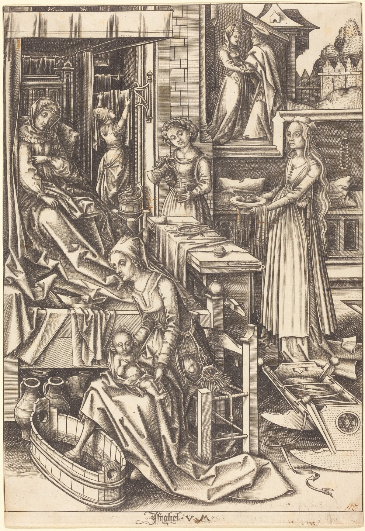 The Birth of the Virgin by Israhel van Meckenem after Hans Holbein the Elder
