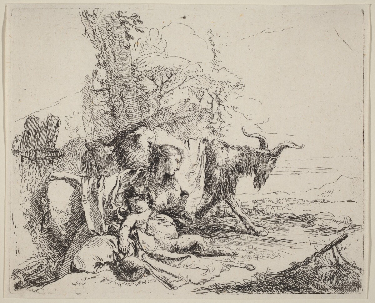 Woman, Satyr Child, and Goat in a Landscape by Giovanni Battista Tiepolo