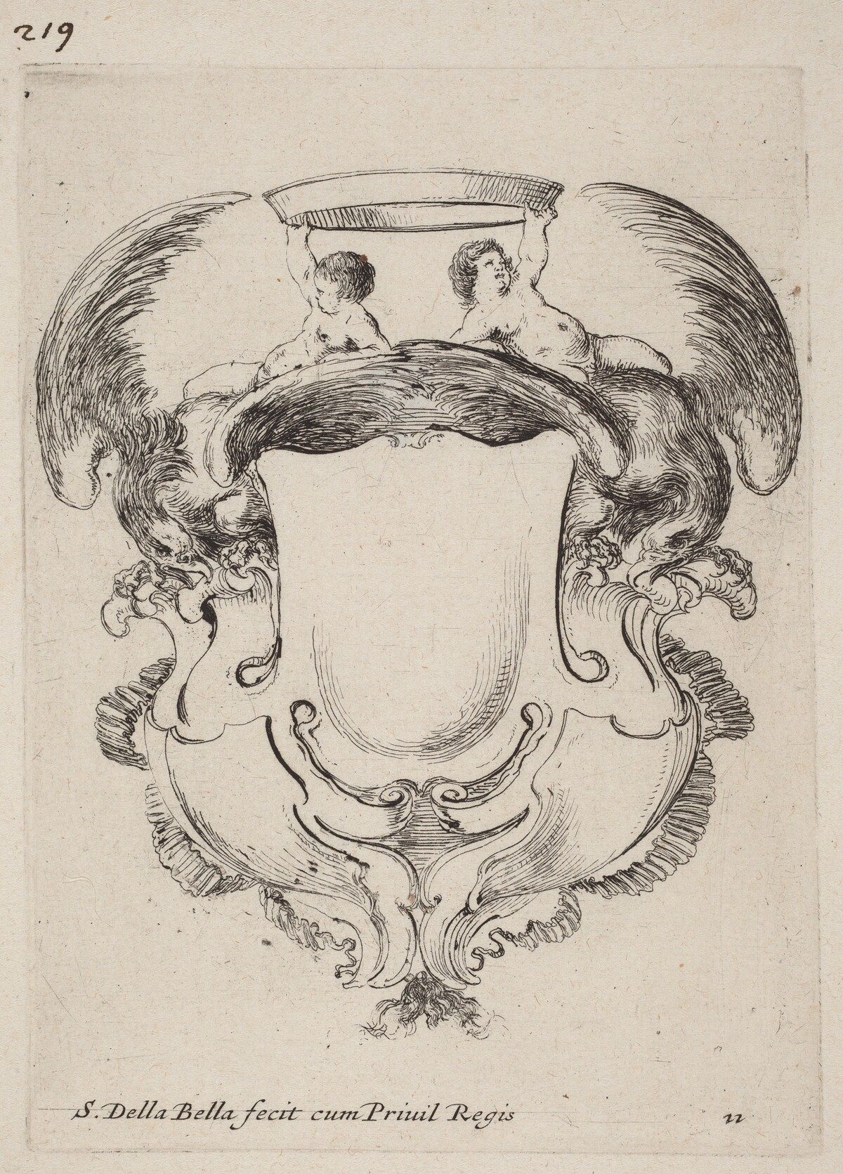 Cartouche with Eagles and Two Infants  Holding a Crown by Stefano Della Bella