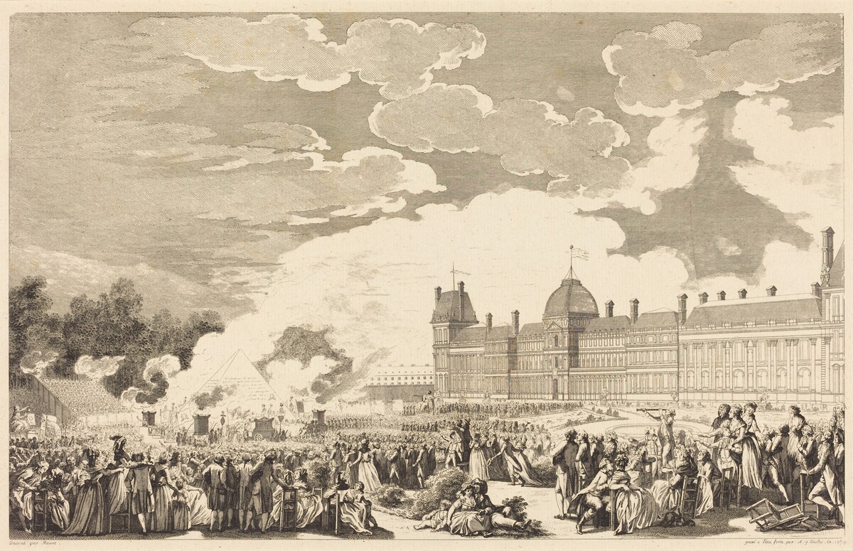 Pompe funèbre en l'honneur des Martyrs de la journée du 10, dans le Jardin National le 26 Aout 1792 by Antoine-Jean Duclos after Charles Monnet