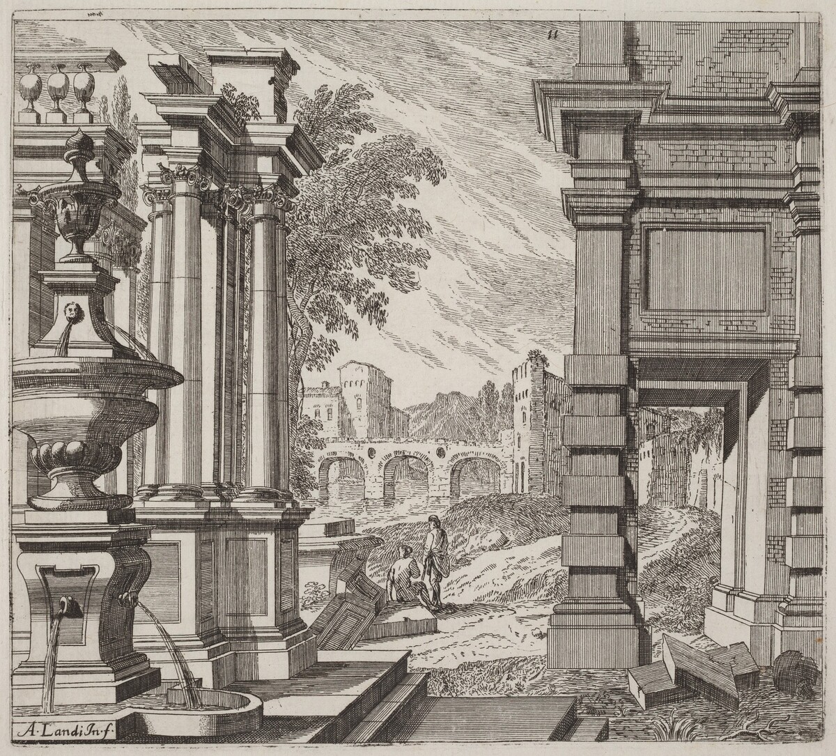 Architectural Fantasy with a Fountain, Classical Ruins, and a Bridge by Giuseppe Antonio Landi