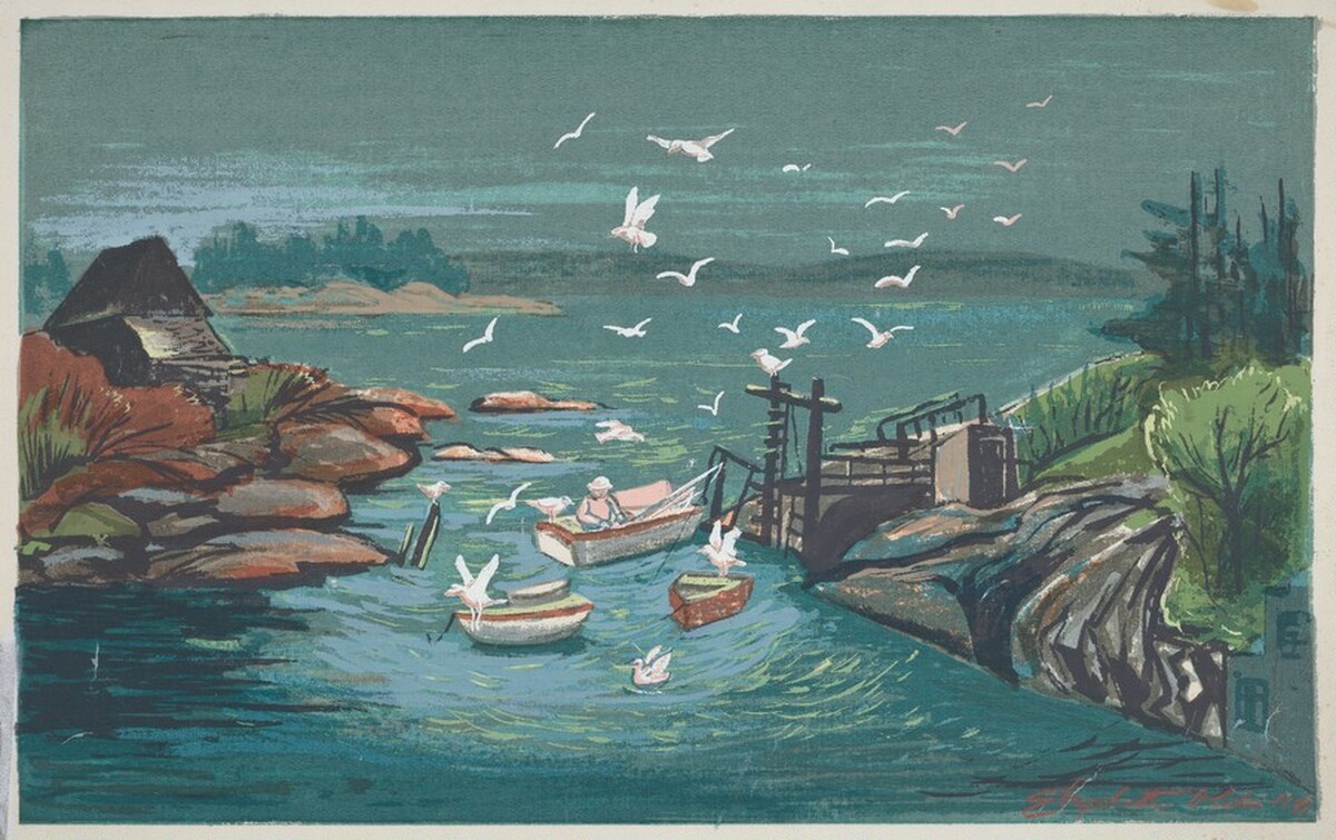 Untitled (Fisherman, Boats and Gulls) by Elizabeth Olds