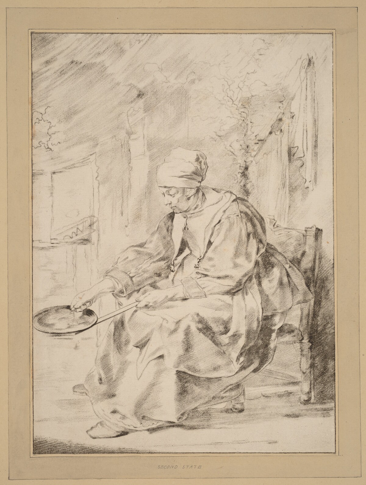 Pancake Woman by Cornelis Ploos van Amstel (editor) and Johannes Kornlein (printmaker), after Gabriel Metsu
