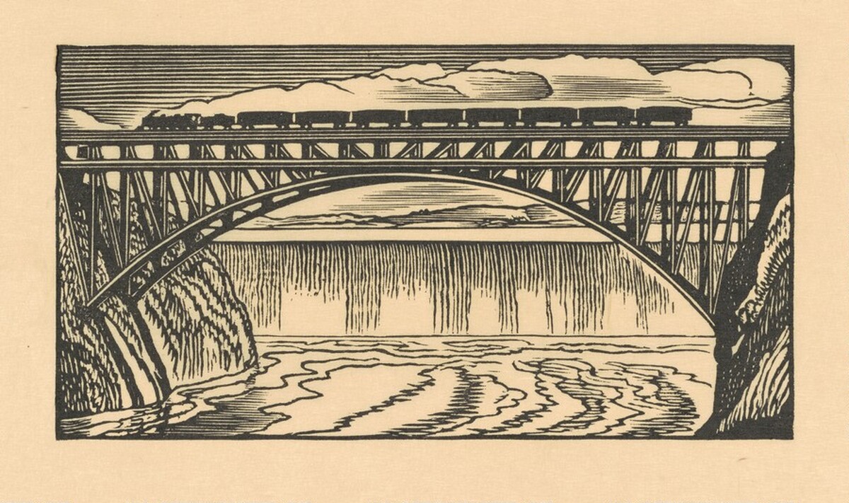 Waterfall and Bridge by J. J. Lankes, after Rockwell Kent