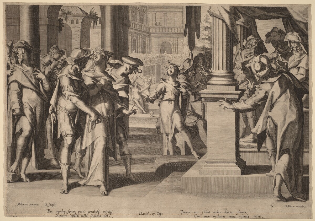 Suzannah before Daniel by Willem Swanenburgh, after Joachim Anthonisz Wtewael