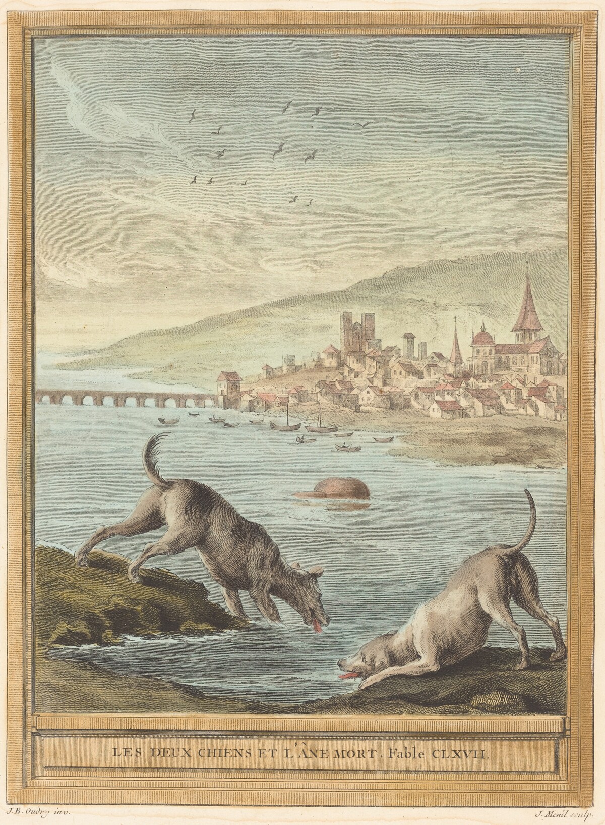 Les deux chiens et l'ane mort (Two Dogs and the Dead Donkey) by Elie du Mesnil after Jean-Baptiste Oudry