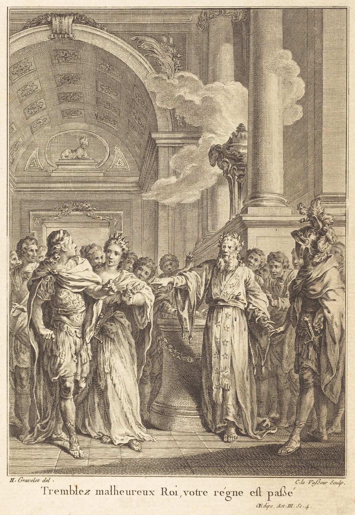 Tremblez malheureux Roi, votre régne est passé by Jean Charles Levasseur after Hubert François Gravelot