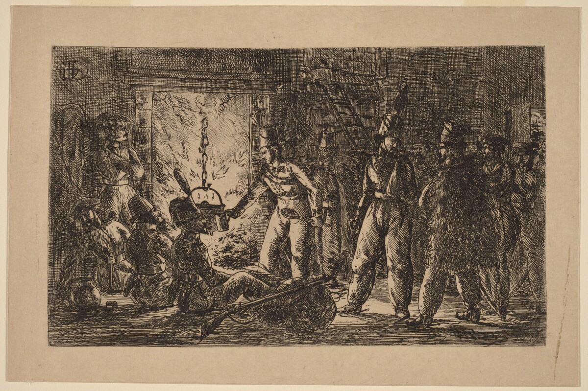 Cossacks before a Fireplace (Les cosaques devant la cheminée de la ferme en Hollande) [recto] by Gerhardus Emaus de Micault