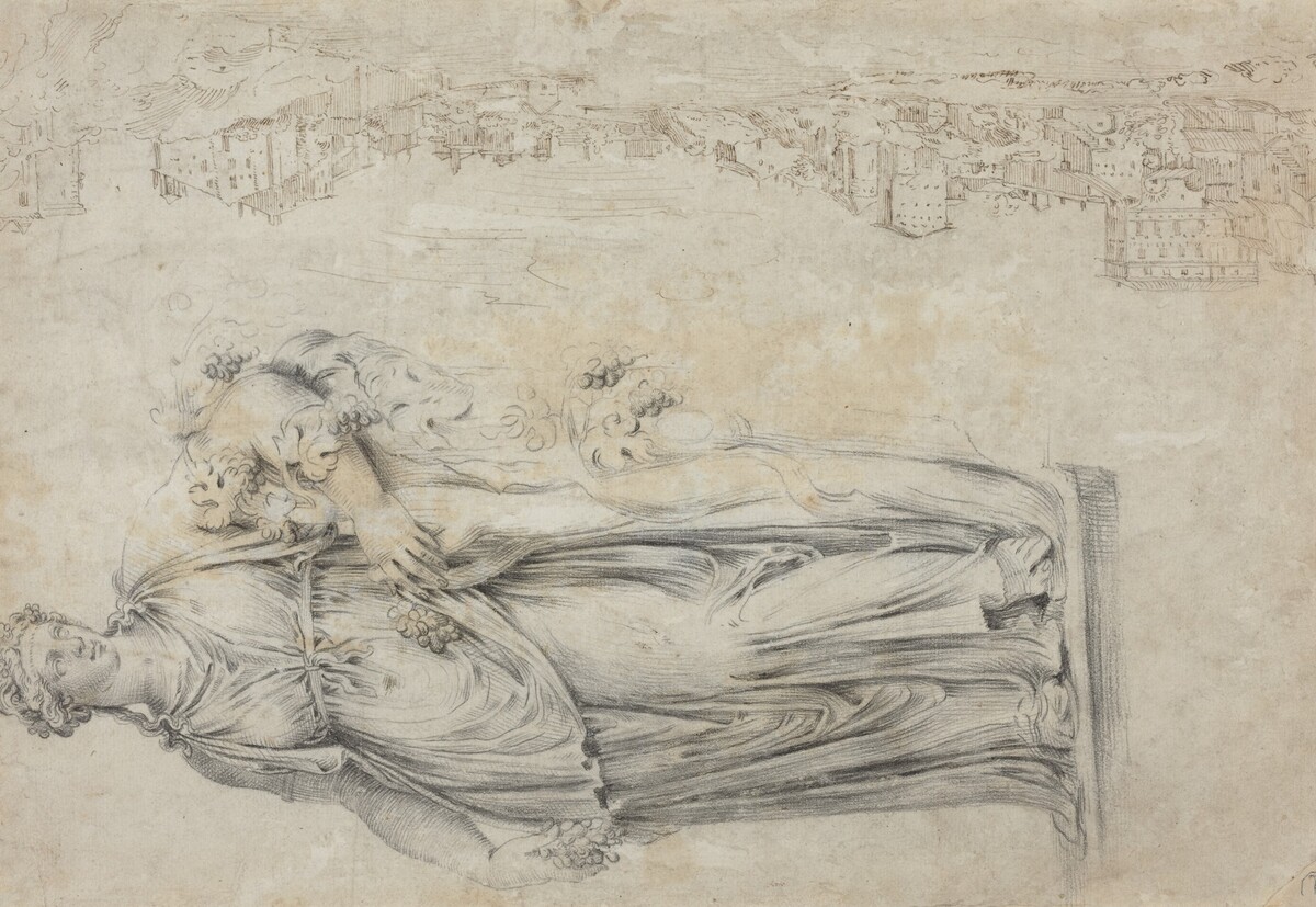 View of the Tiber; Copy of a Roman Sculpture of a Bacchante [verso] by Attributed to Étienne Dupérac