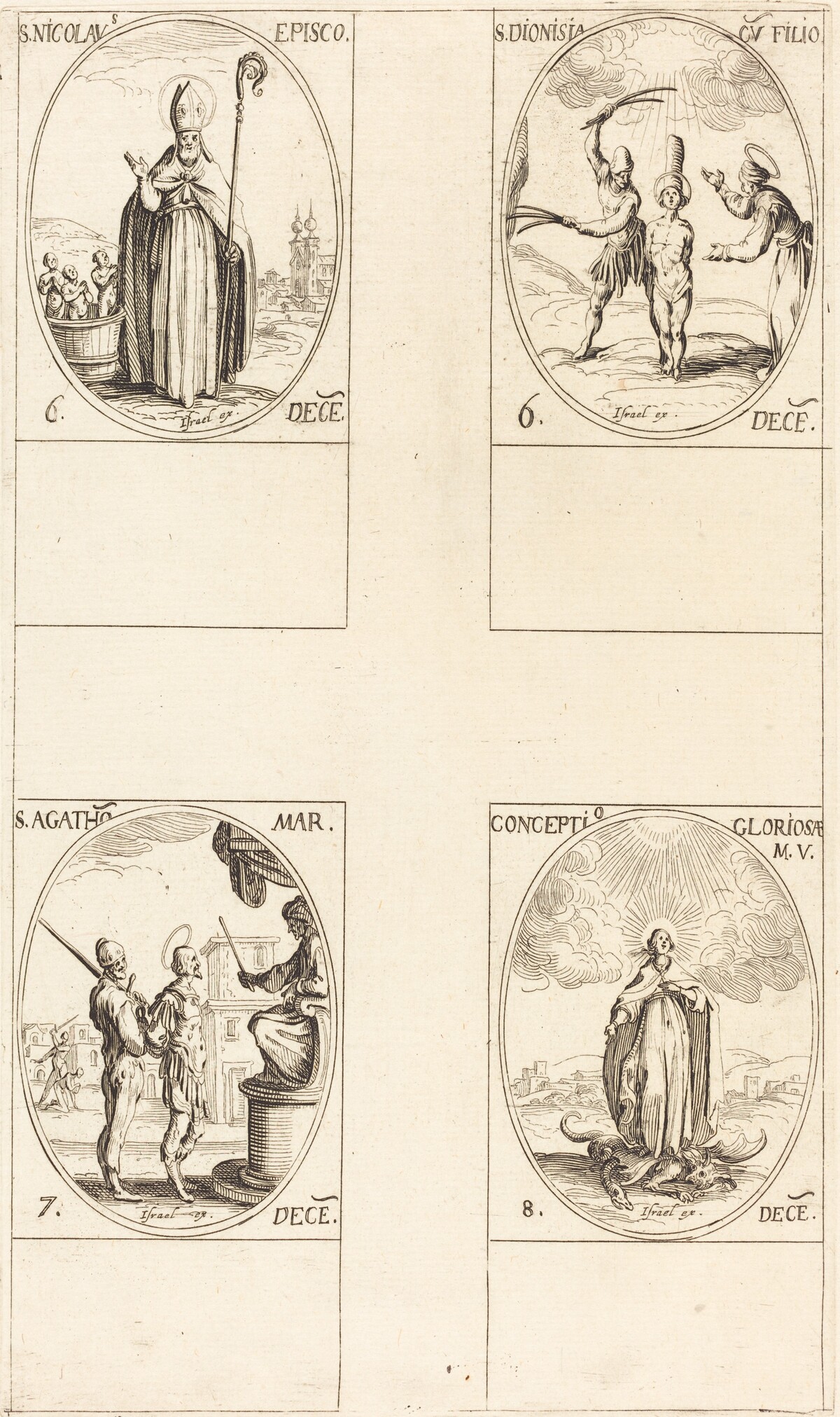 St. Nicholas; St. Dionisia and Son; St. Agatha; Conception of the Virgin by Jacques Callot