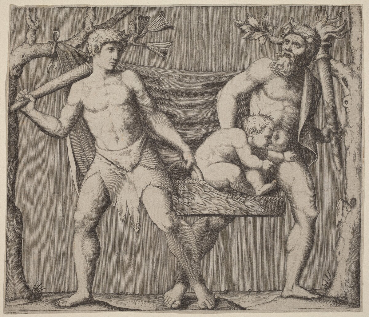 Two Fauns Carrying a Child by Marcantonio Raimondi