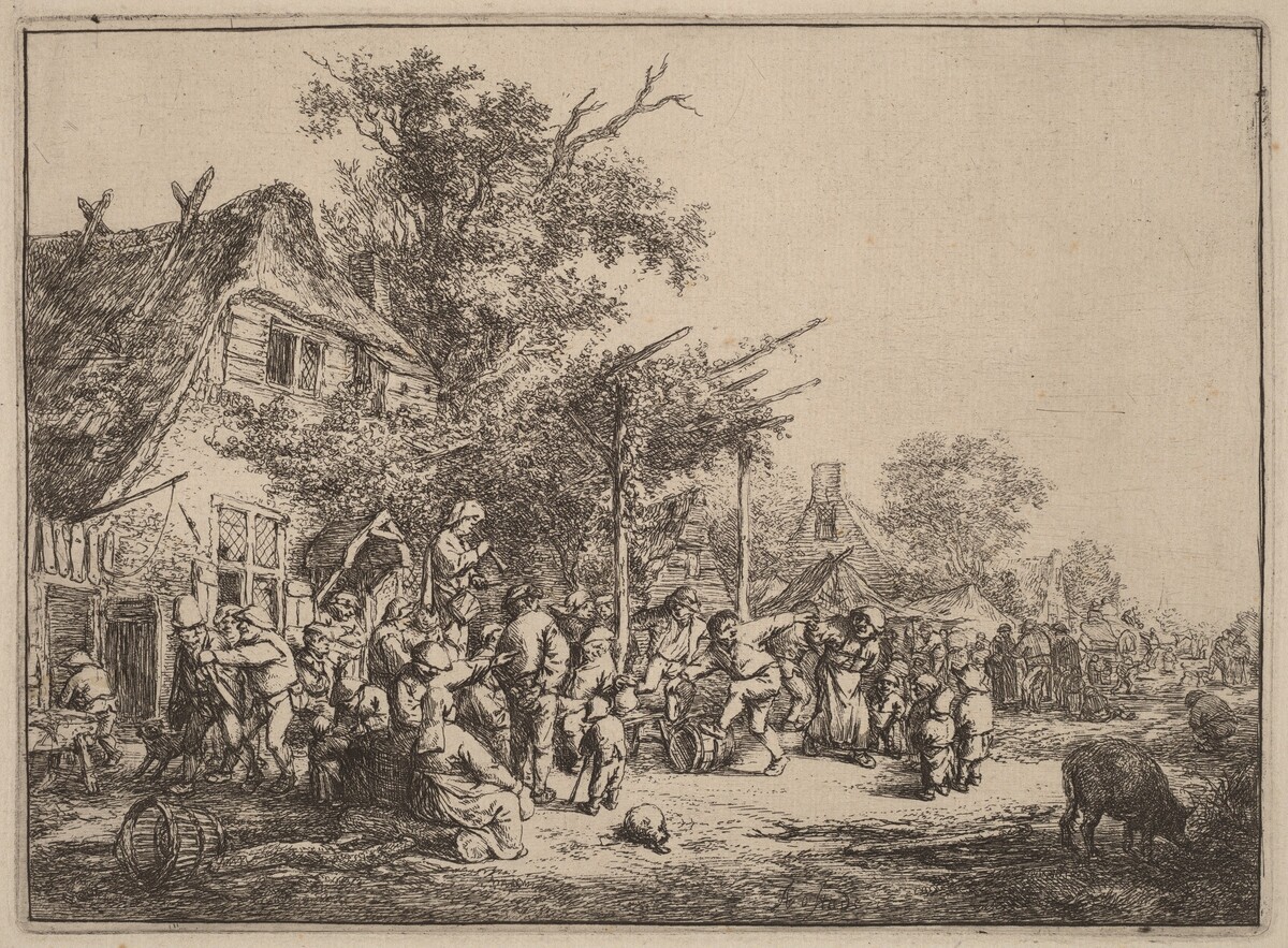 Village Kermesse with Peasants Feasting Under a Pergola by Adriaen van Ostade