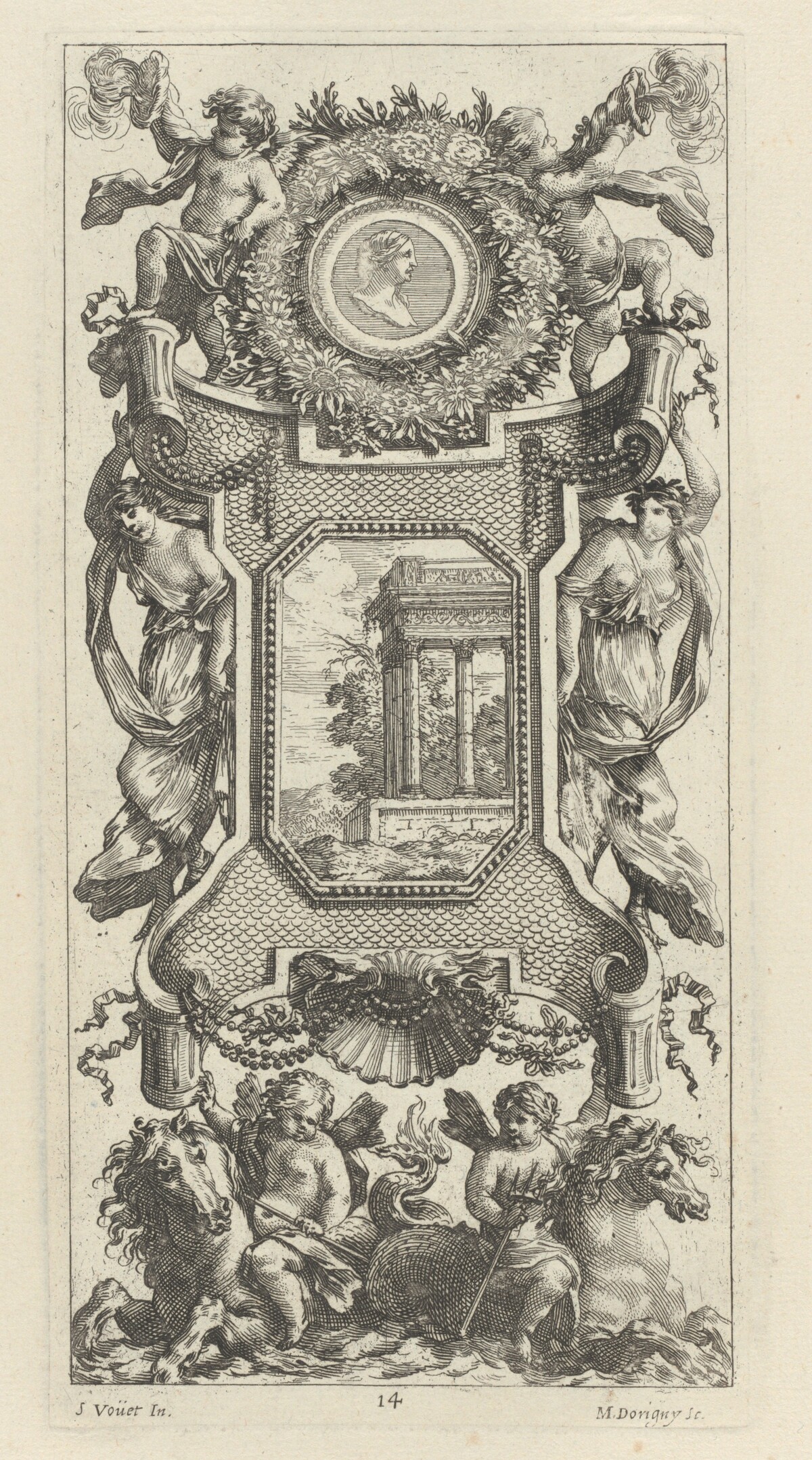 Ornamental Panel Surmounted by a Bust of a Woman and Two Putti with Flaming Trumpets by Michel Dorigny, after Simon Vouet