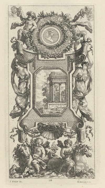 Ornamental Panel Surmounted by a Bust of a Woman and Two Putti with Flaming Trumpets