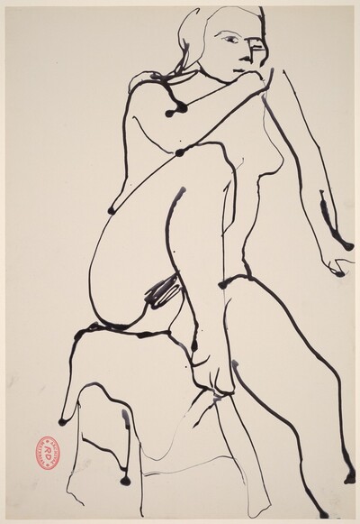 Untitled [nude on a draped stool with her right foot on the seat]