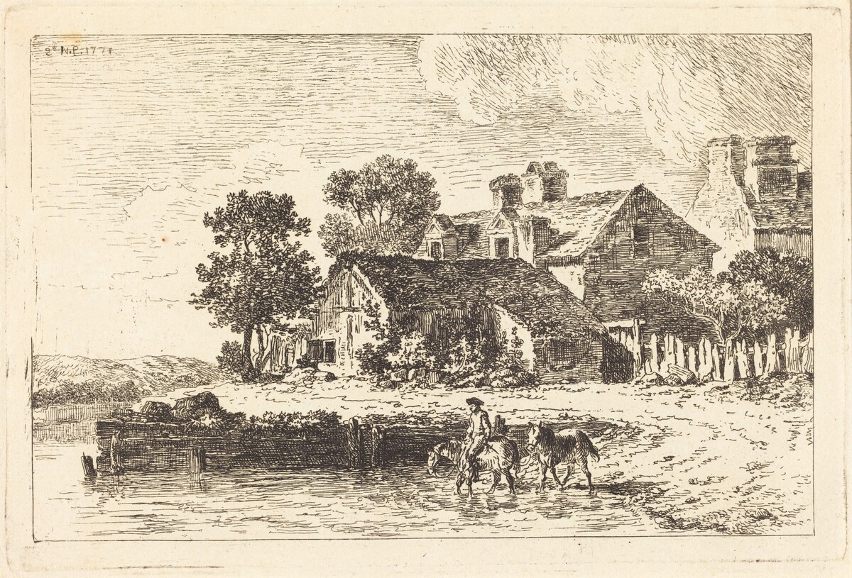 Horses Being Led to Water on a Winding Riverbank by Nicolas Pérignon