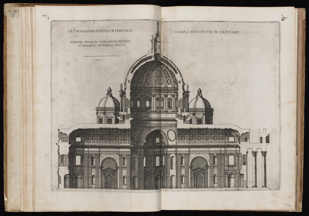 Orthographia Partis Interioris Templi Divi Petri [Interior View of Saint Peter's Basilica] by Étienne Dupérac, after Michelangelo