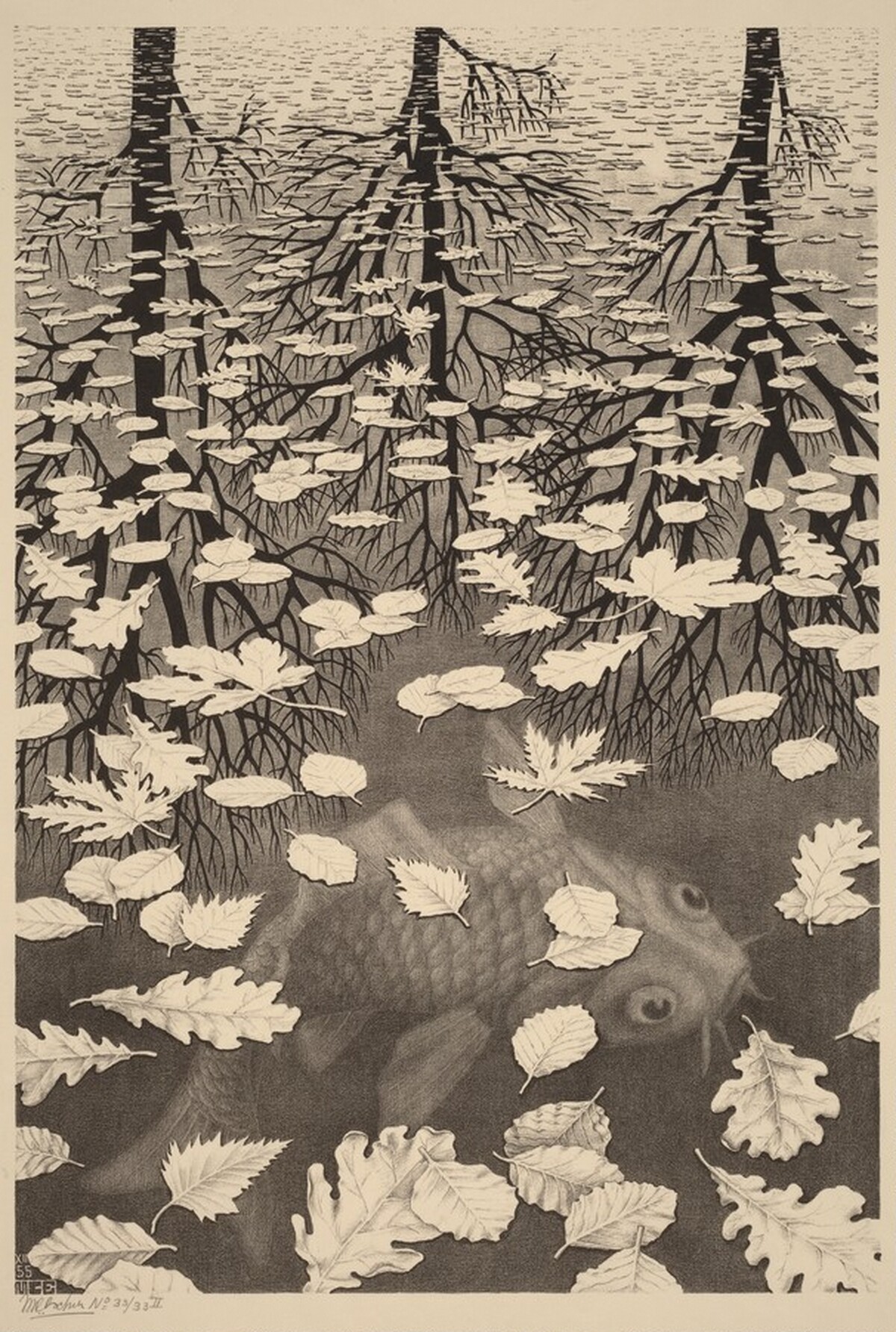 Three Worlds by M.C. Escher